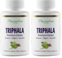 Paradise Herbs Triphala Extract bottle shows vegan, gluten-free formula for daily support