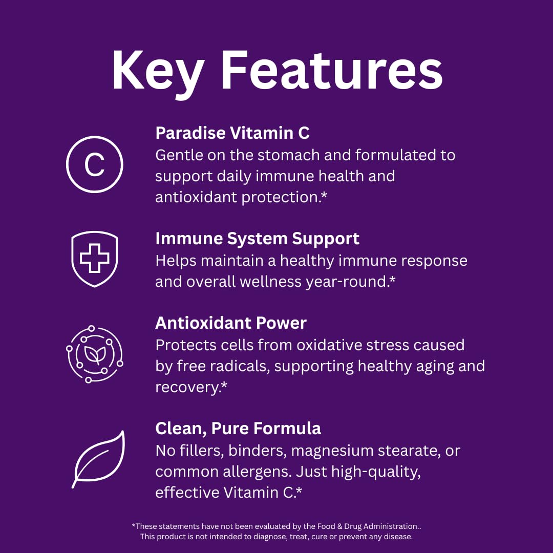 Paradise Herbs Vitamin C capsules shown with a glass of water for daily use
