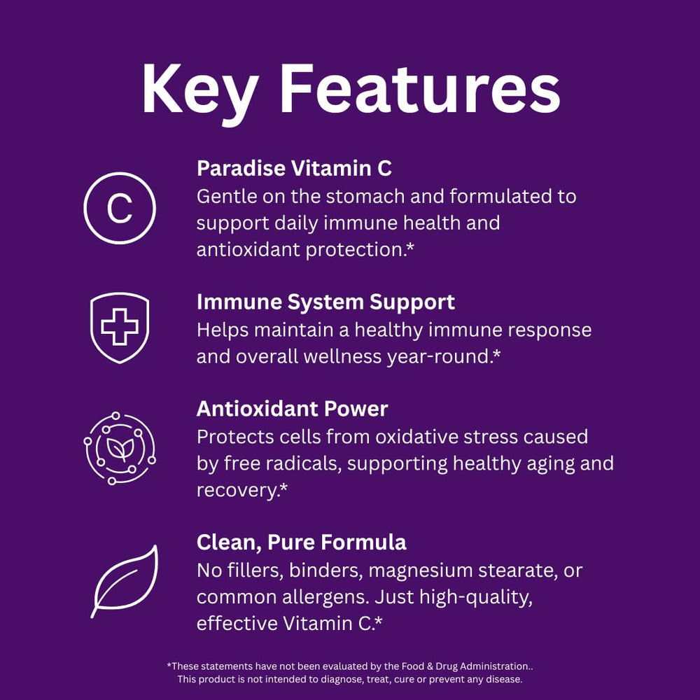 Paradise Herbs Vitamin C capsules shown with a glass of water for daily use