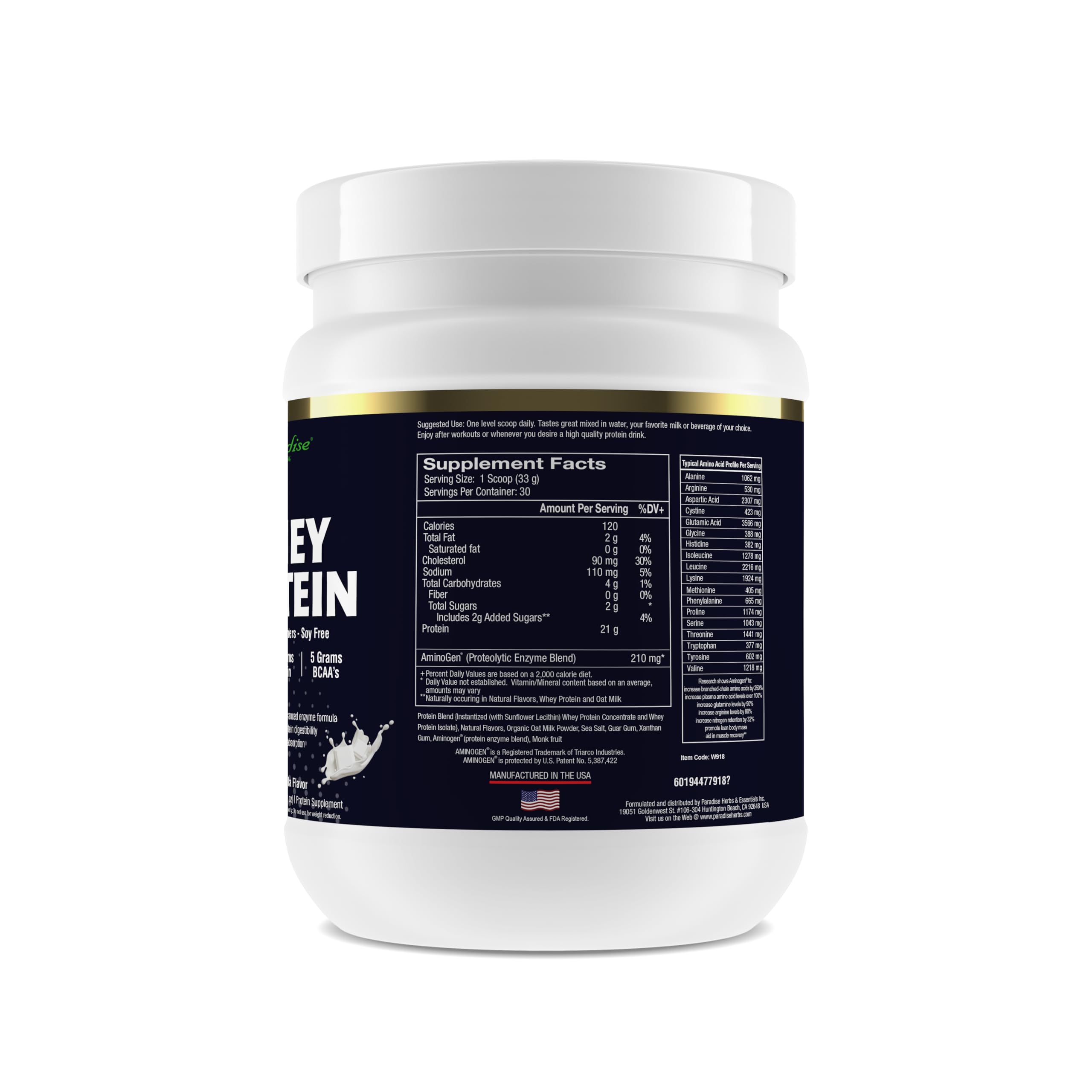 Paradise Herbs whey protein vanilla scoop beside a shaker for quick daily protein