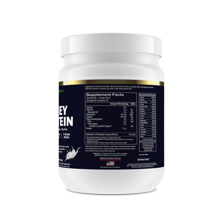 Paradise Herbs whey protein vanilla scoop beside a shaker for quick daily protein