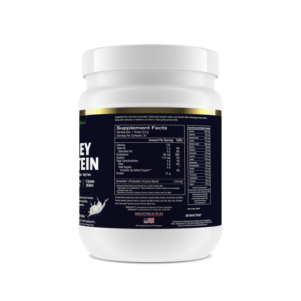 Paradise Herbs whey protein vanilla scoop beside a shaker for quick daily protein