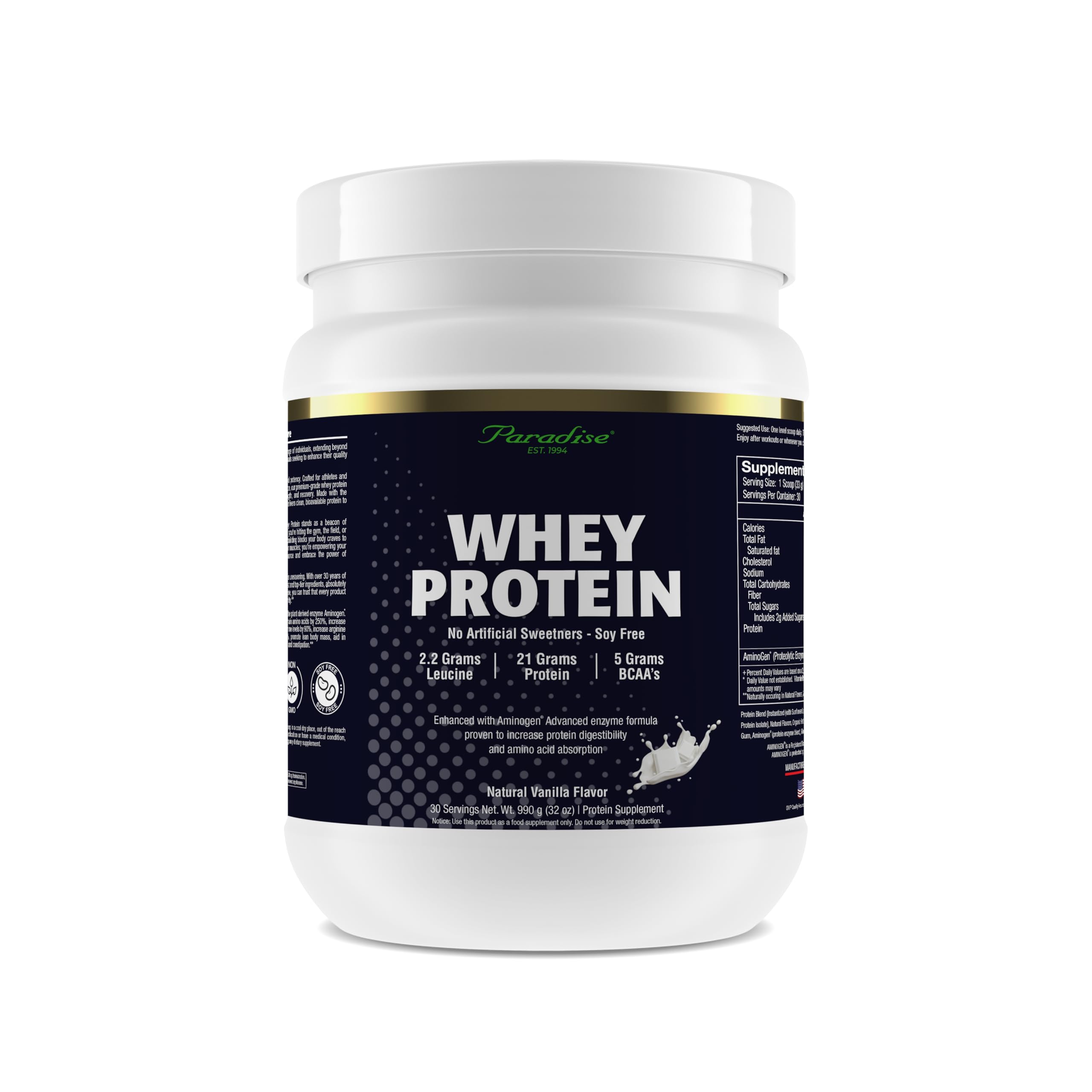 Paradise Herbs whey protein vanilla tub for post-workout muscle support