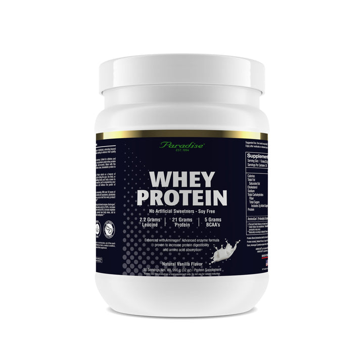 Paradise Herbs whey protein vanilla tub for post-workout muscle support