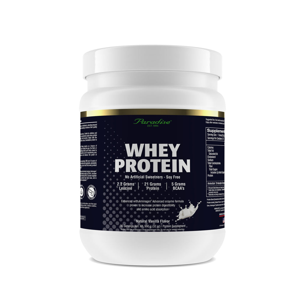 Paradise Herbs whey protein vanilla tub for post-workout muscle support