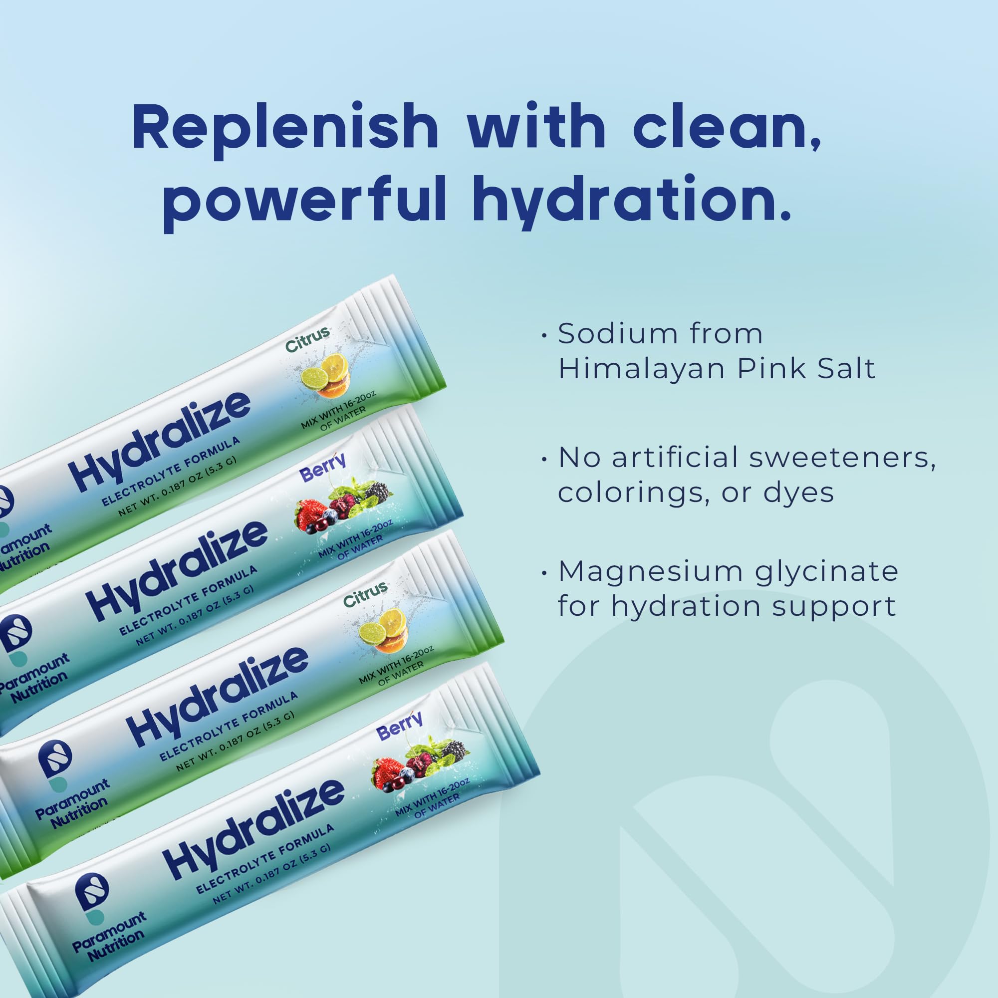 Paramount Nutrition Hydralize glass with ice: refreshing citrus flavor ready to drink