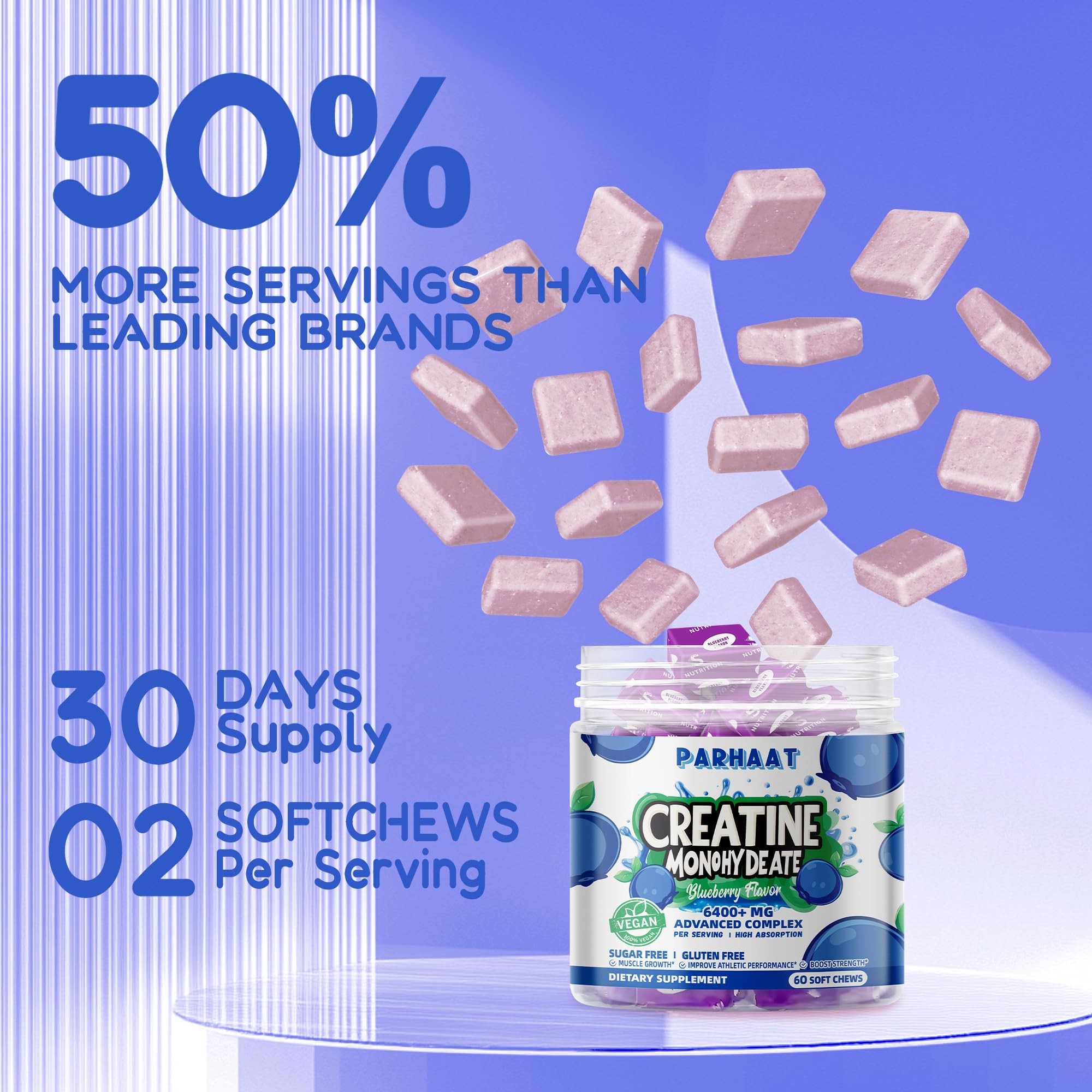 Parhaat Creatine Monohydrate Chews blueberry flavor: delicious option for training days.
