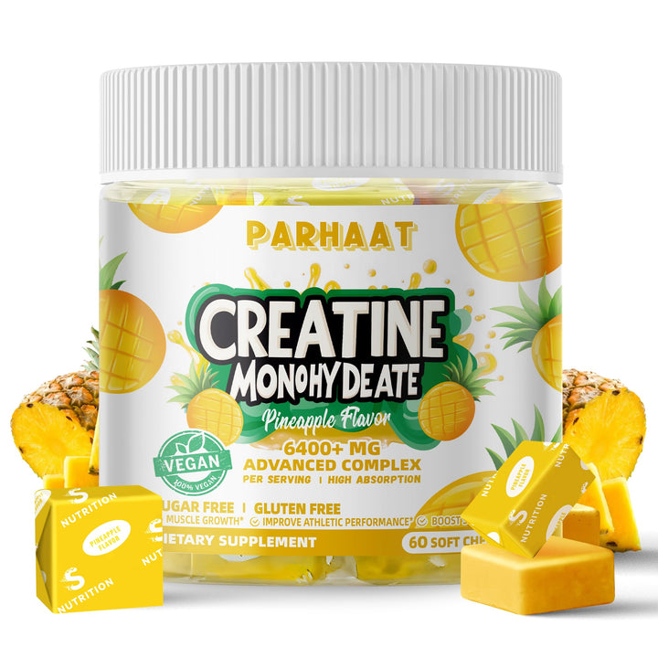 Parhaat Creatine Monohydrate Chews bottle front shows convenient, sugar-free formula for workouts.