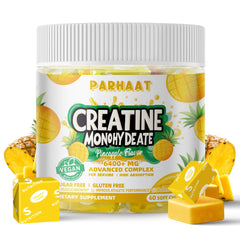 Parhaat Creatine Monohydrate Chews bottle front shows convenient, sugar-free formula for workouts.