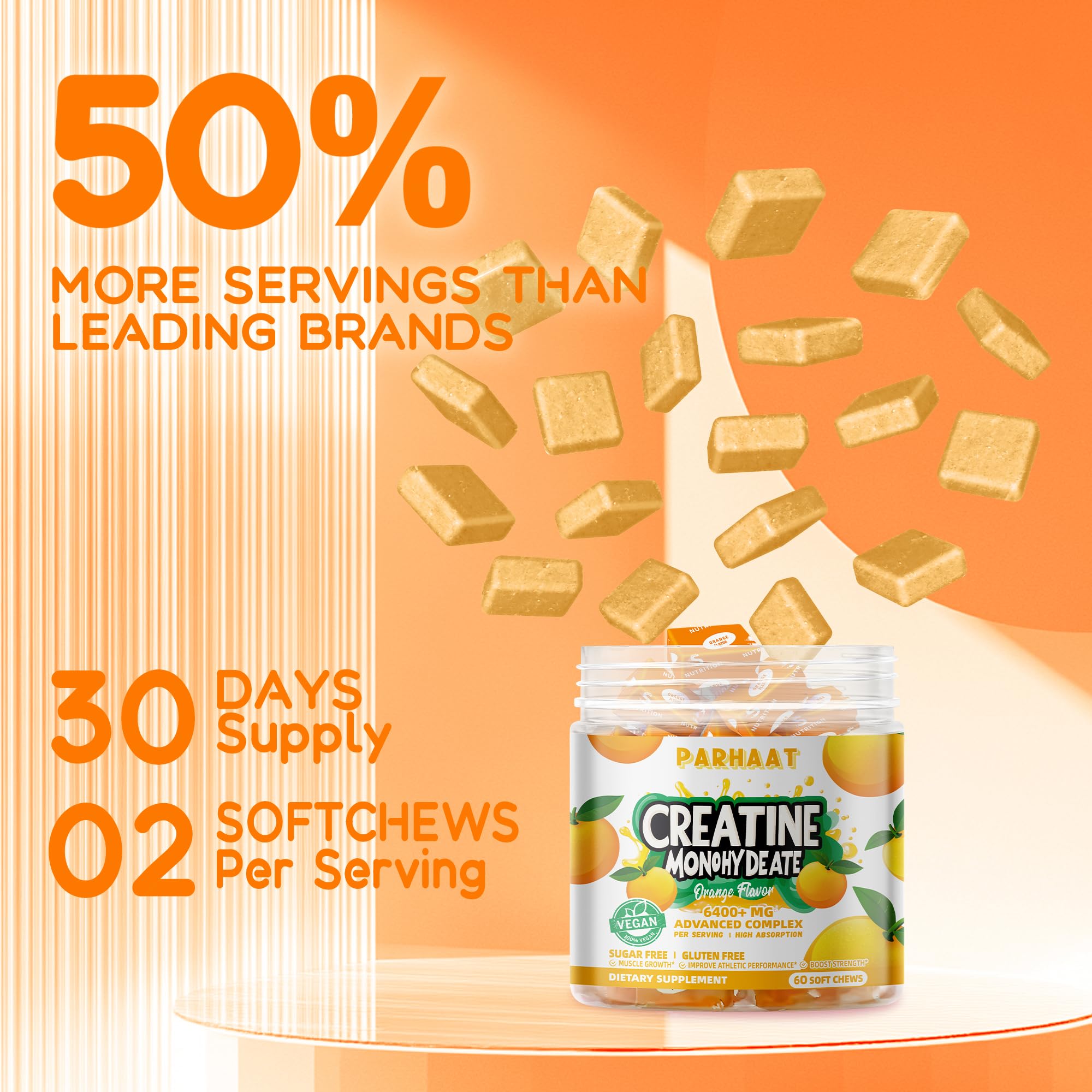 Parhaat Creatine Monohydrate Chews GMP-certified manufacturing badge visible