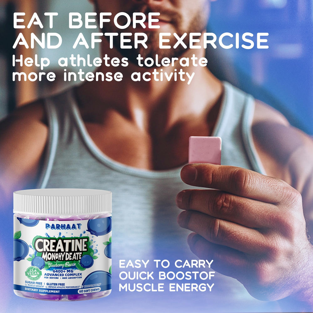 Parhaat Creatine Monohydrate Chews packaging with label details: gluten-free and vegan.