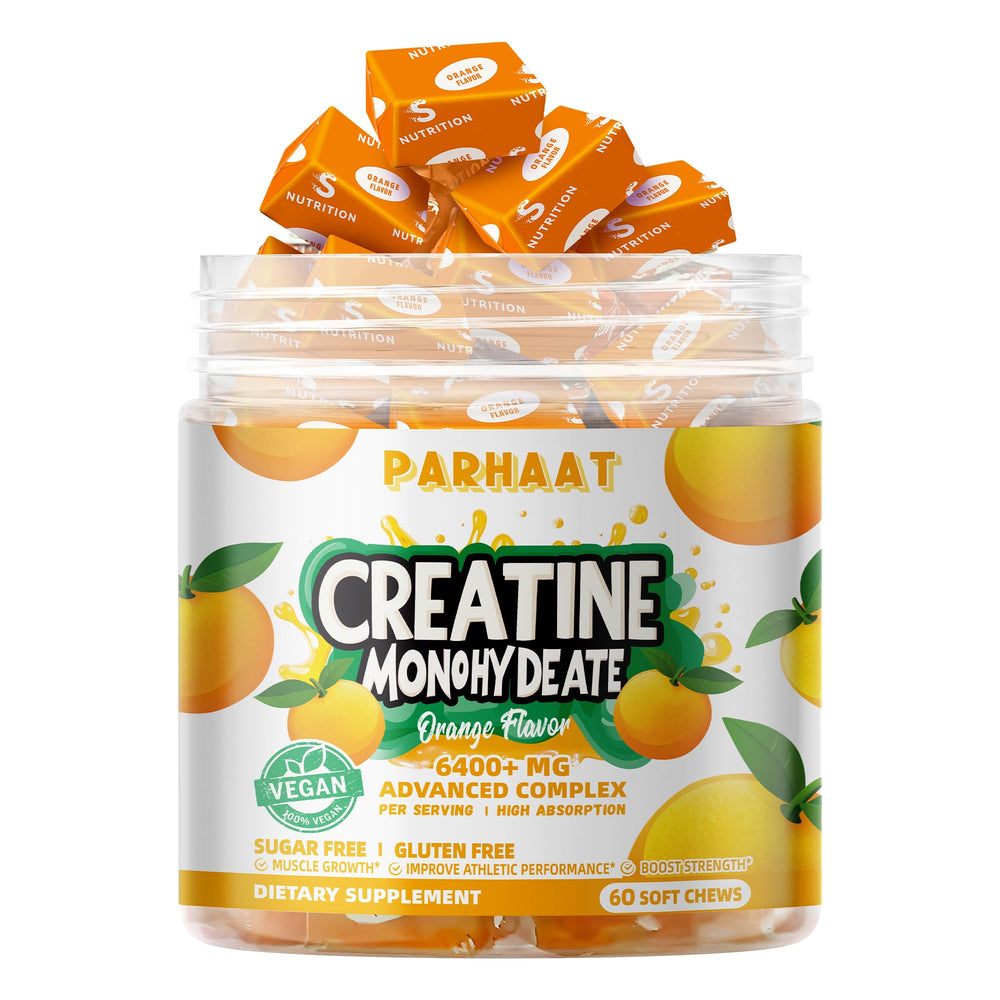 Parhaat Creatine Monohydrate Chews nutrition label highlights vegan and sugar-free formula