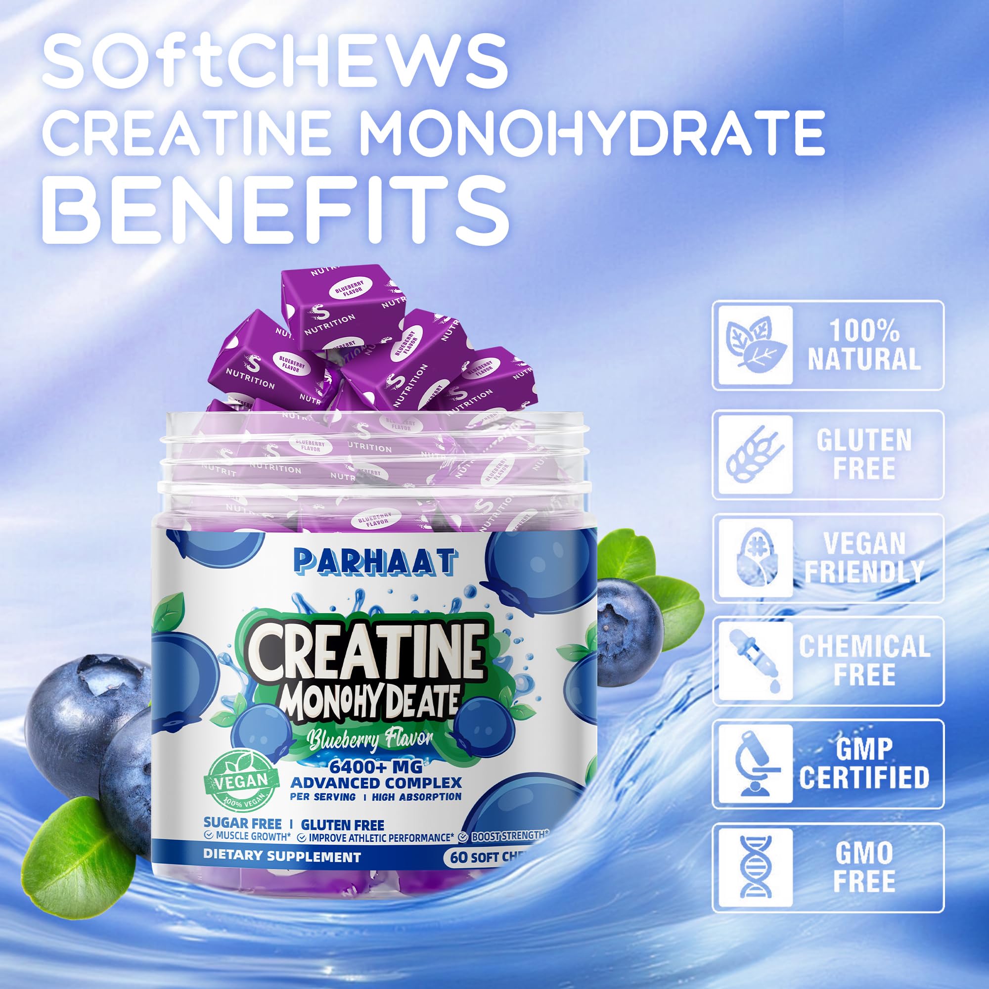 Parhaat Creatine Monohydrate Chews on-the-go packaging: perfect for travel workouts.