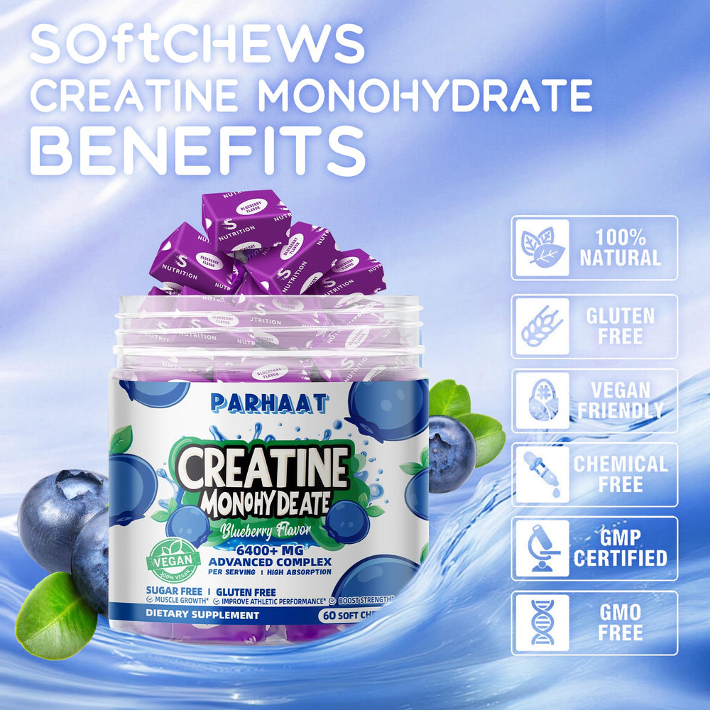 Parhaat Creatine Monohydrate Chews on-the-go packaging: perfect for travel workouts.