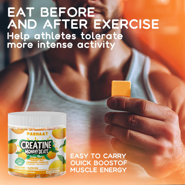 Parhaat Creatine Monohydrate Chews orange flavor close-up with vibrant zest