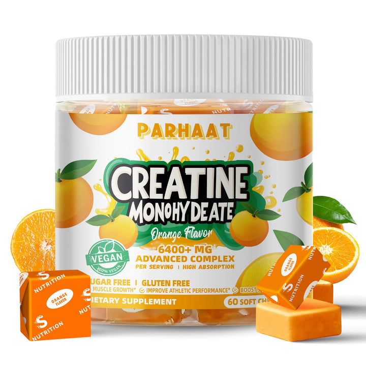 Parhaat Creatine Monohydrate Chews orange softchews packaging for on-the-go fueling
