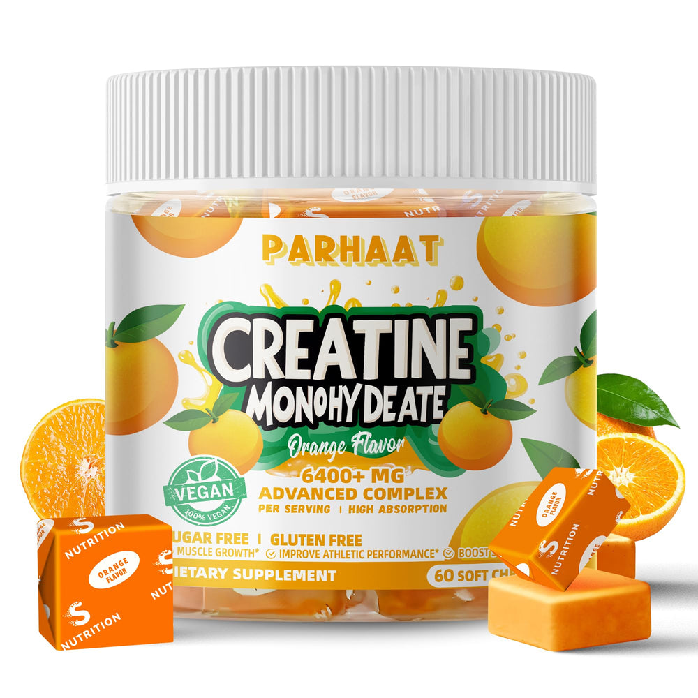 Parhaat Creatine Monohydrate Chews orange softchews packaging for on-the-go fueling