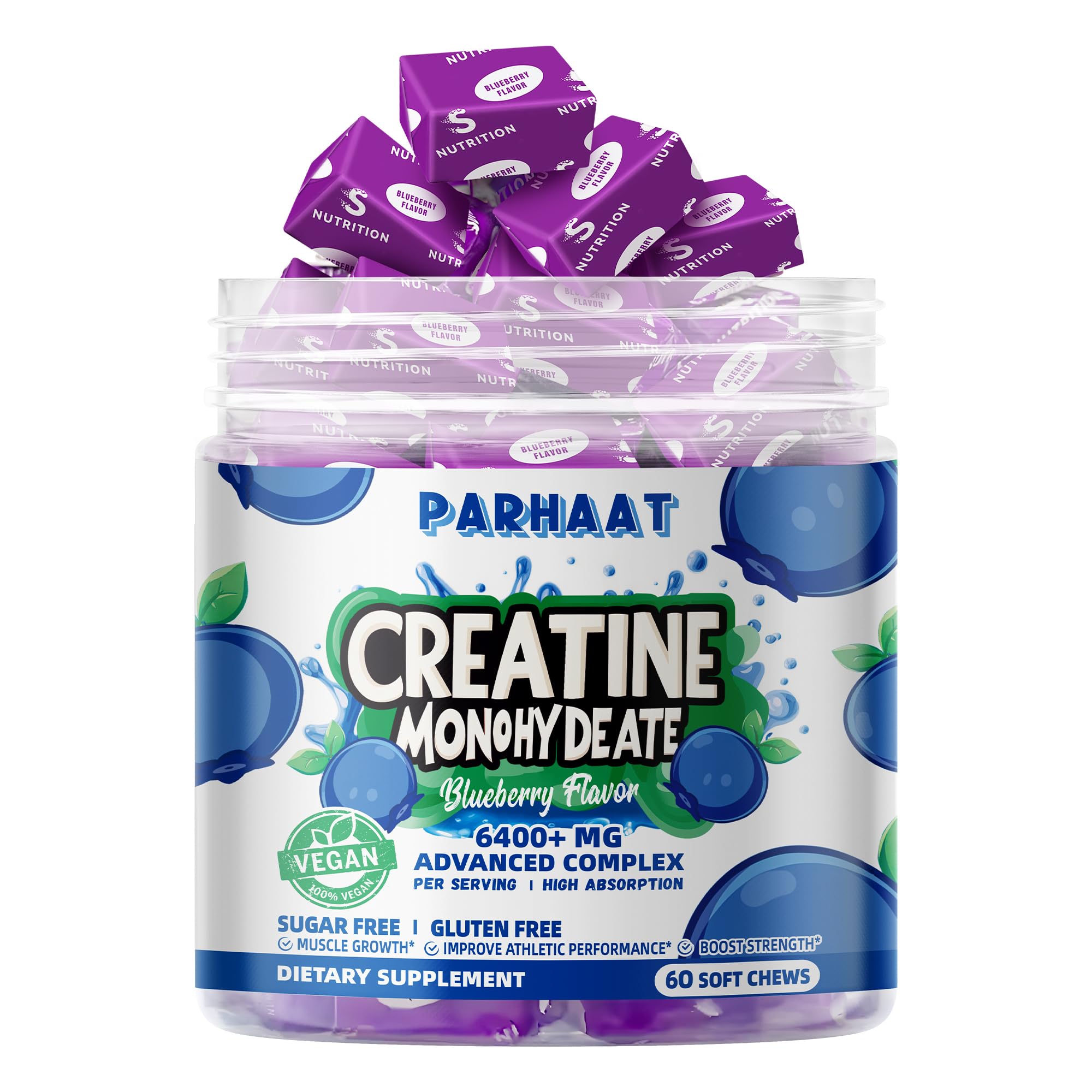 Parhaat Creatine Monohydrate Chews two-per-serving: easy daily dosing.