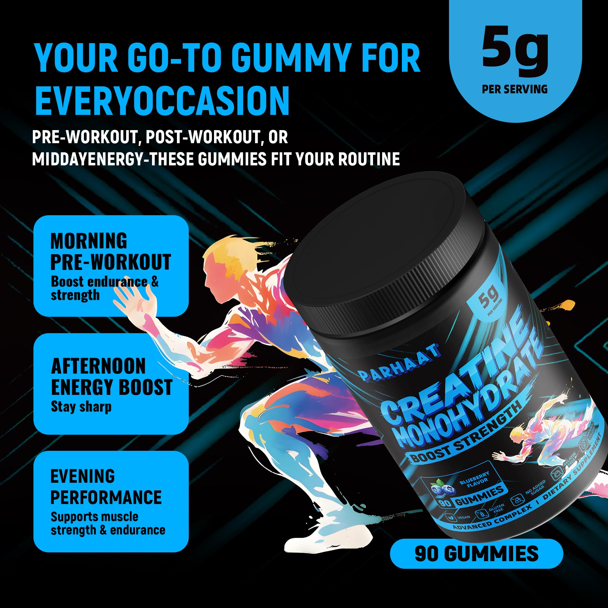 Parhaat Creatine Monohydrate Gummies blueberry flavor close-up with vivid color.