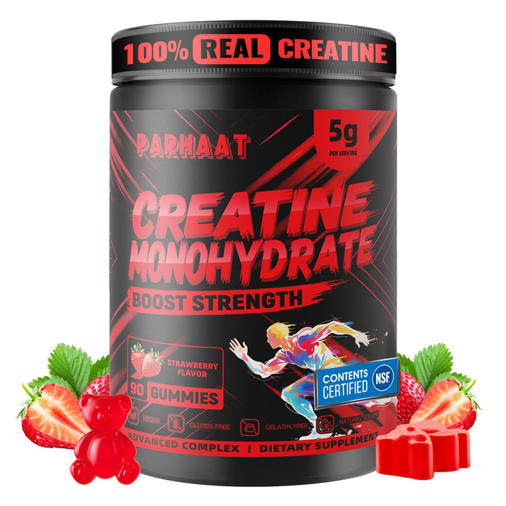 Parhaat Creatine Monohydrate Gummies bottle front for convenient on-the-go workout support