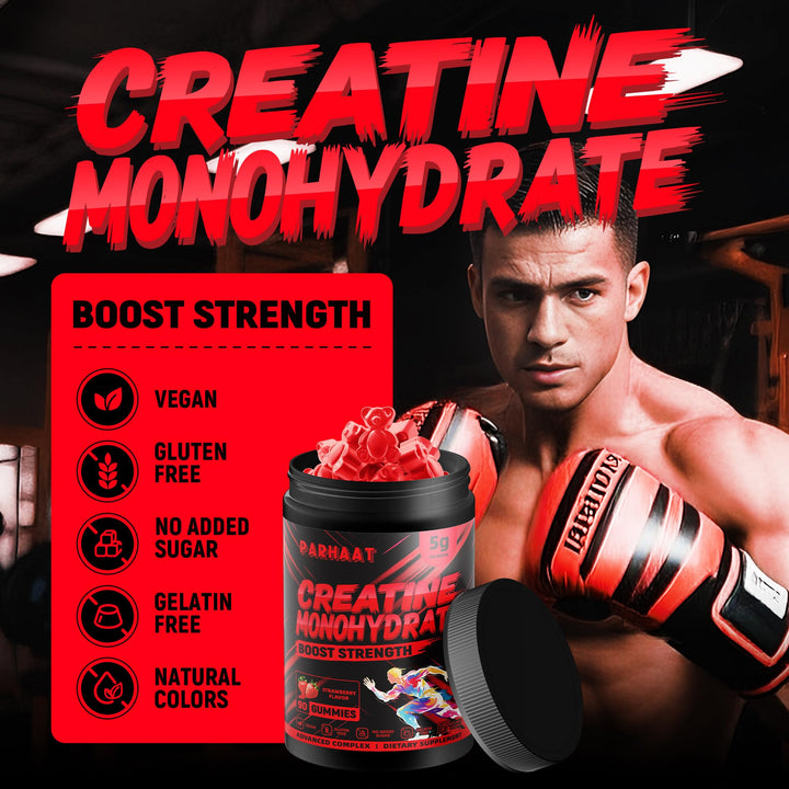 Parhaat Creatine Gummies bottle top view highlighting anti-melting design for travel