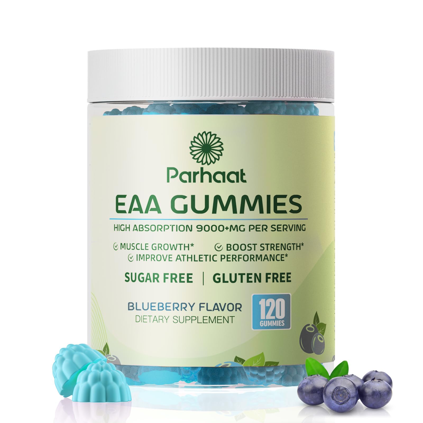 Parhaat EAA Gummies blueberry bottle for easy daily amino acid support.