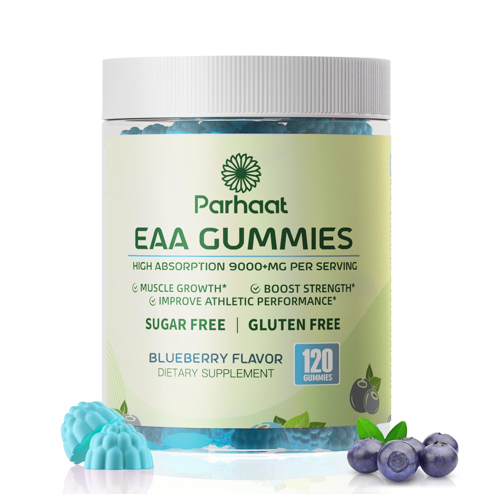 Parhaat EAA Gummies blueberry bottle for easy daily amino acid support.
