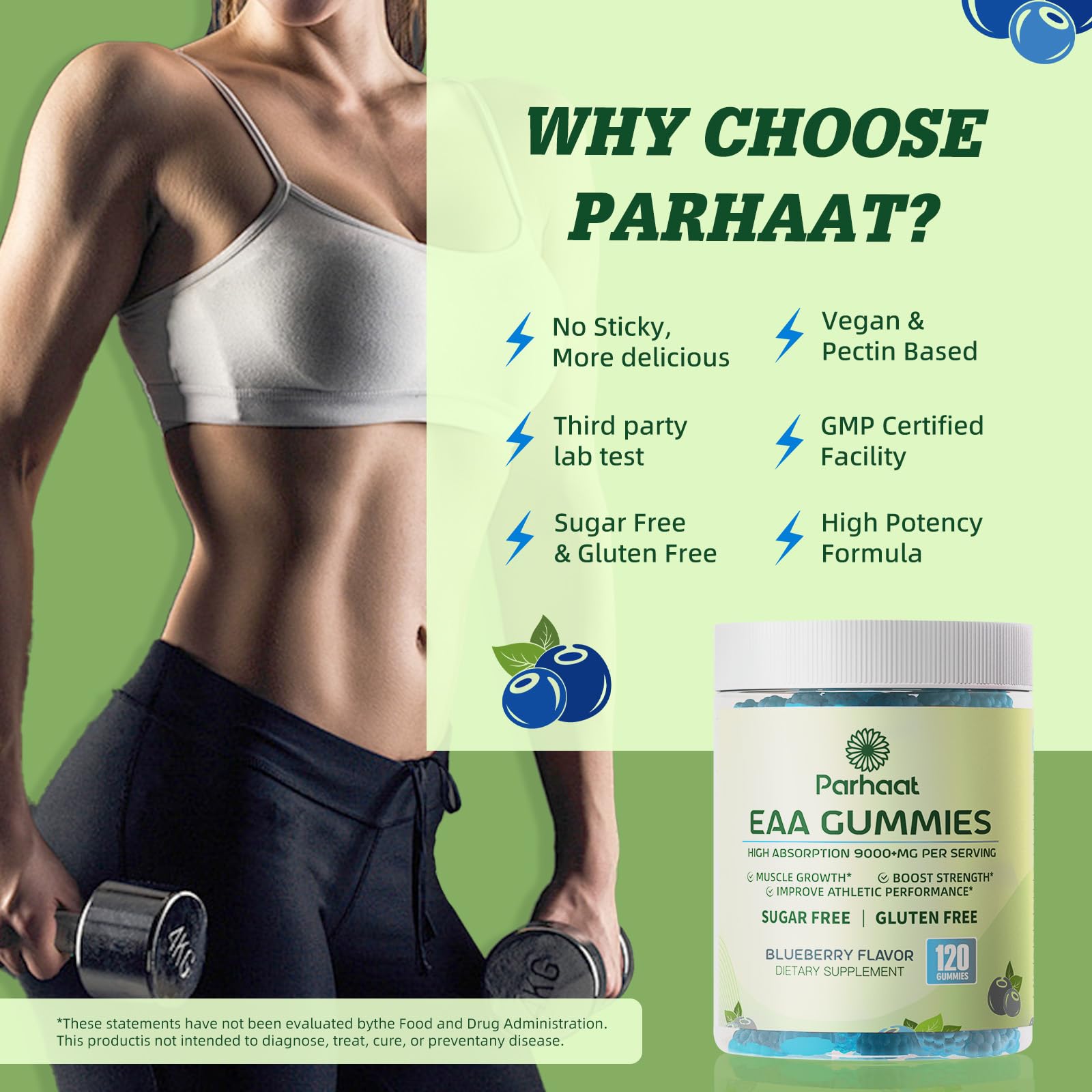 Parhaat EAA Gummies nutrition facts panel visible on the package.