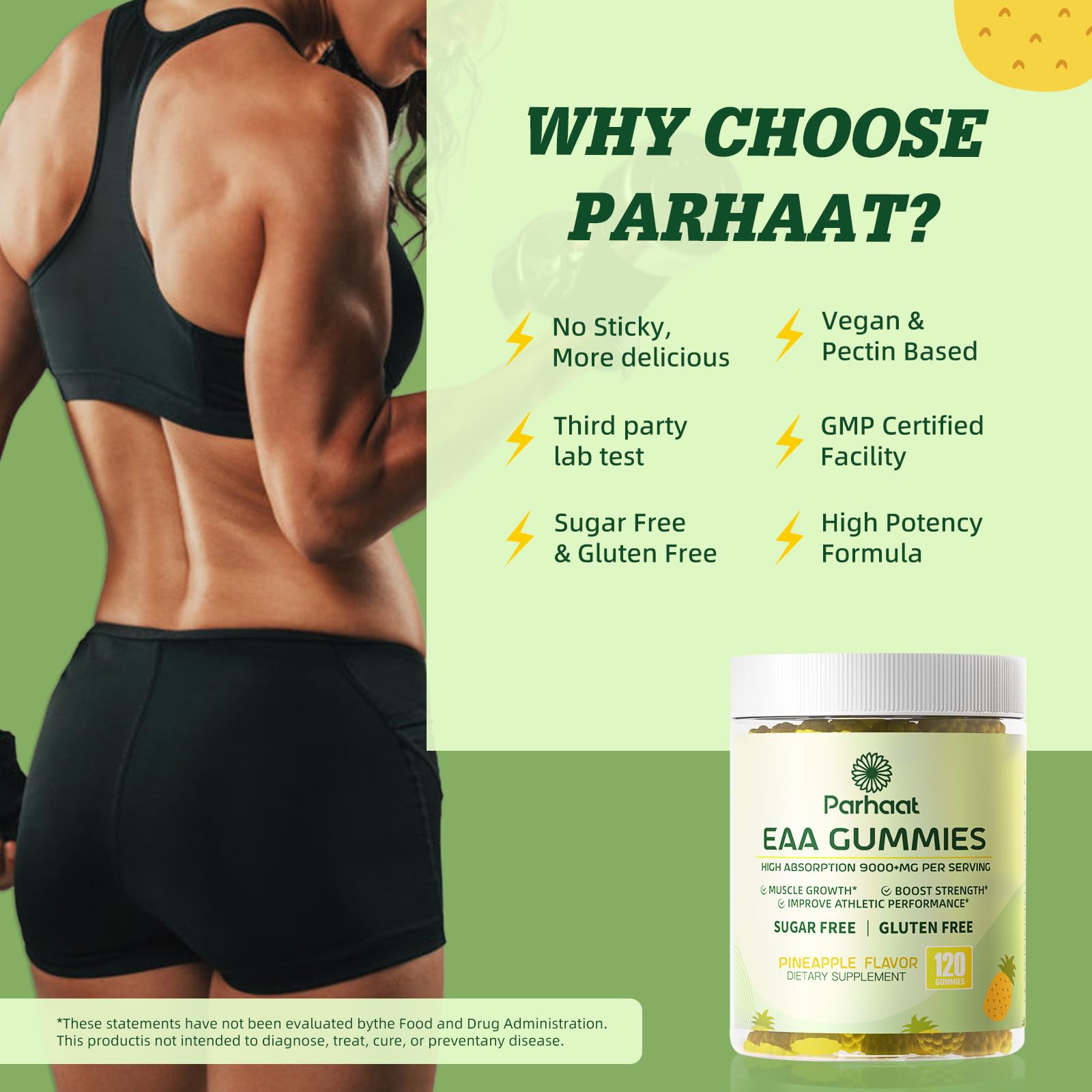 Parhaat EAA Gummies packaging box emphasizes quality and third-party testing