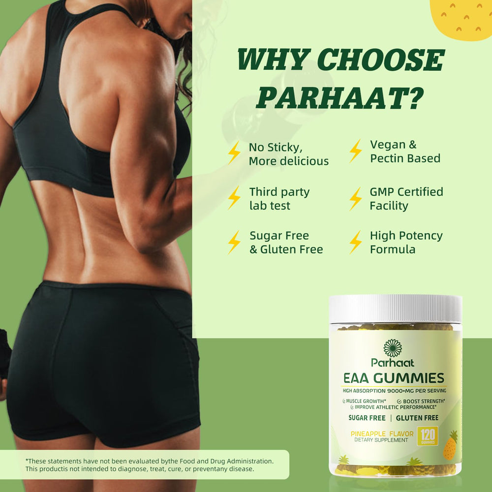 Parhaat EAA Gummies packaging box emphasizes quality and third-party testing