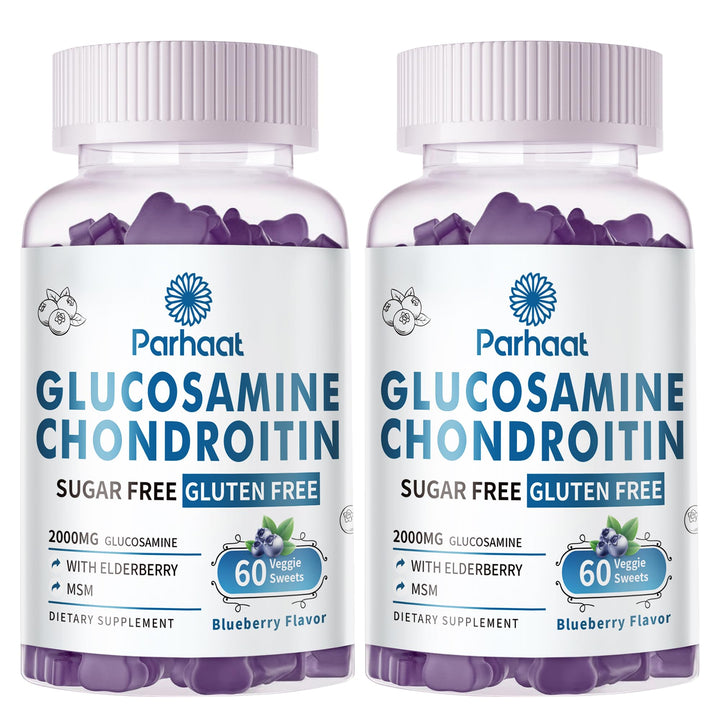 Parhaat Glucosamine Chondroitin Gummies blue bottle, tasty joint support in a convenient form.