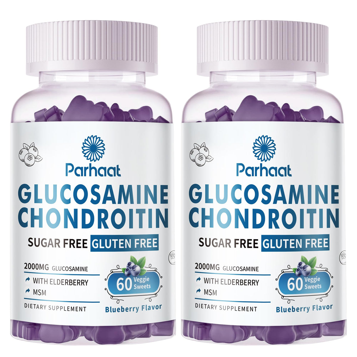 Parhaat Glucosamine Chondroitin Gummies blue bottle, tasty joint support in a convenient form.