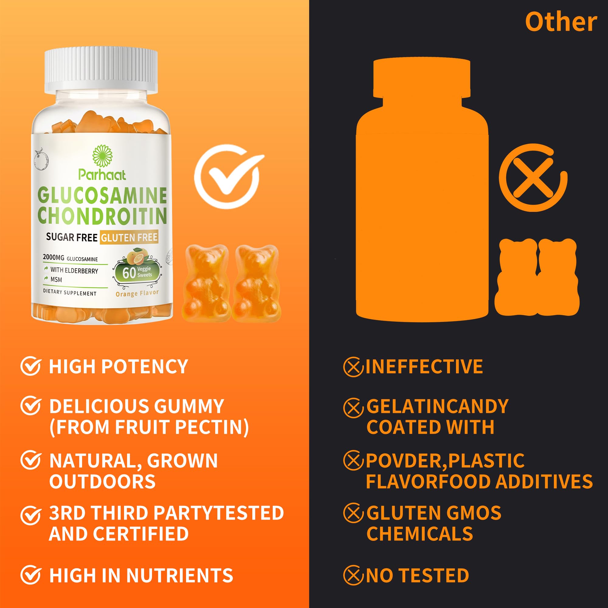 Parhaat Glucosamine Chondroitin Gummies hero shot emphasizing flavor and joint-friendly use.
