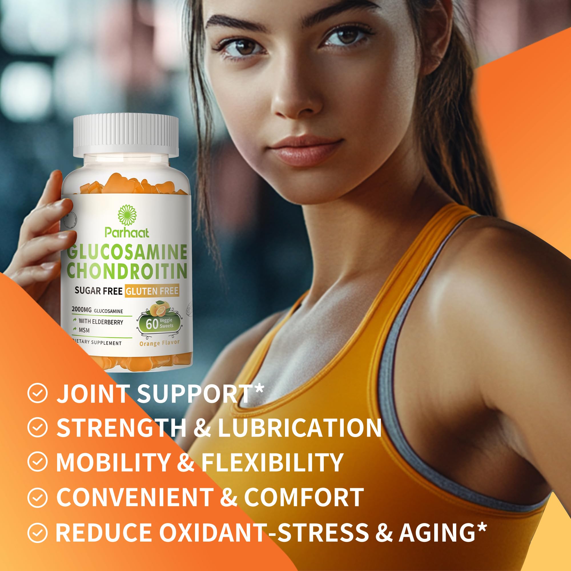 Parhaat glucosamine chondroitin gummies being poured for easy serving and mobility context.