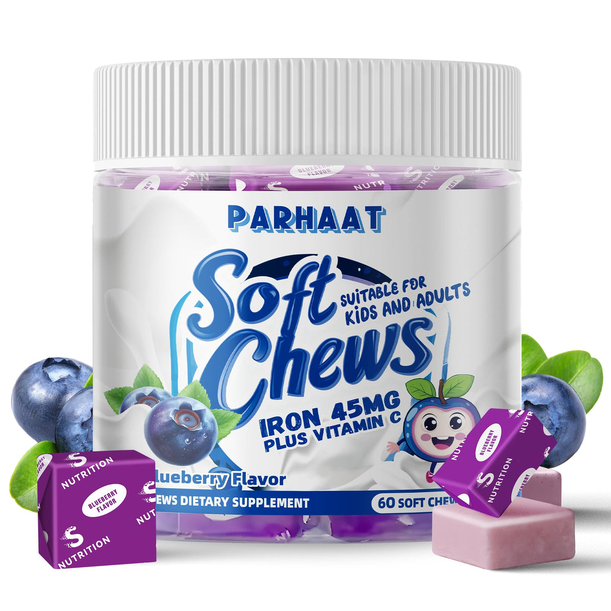 Parhaat Iron Soft Chews blue bottle on shelf supports daily iron intake with blueberry flavor.