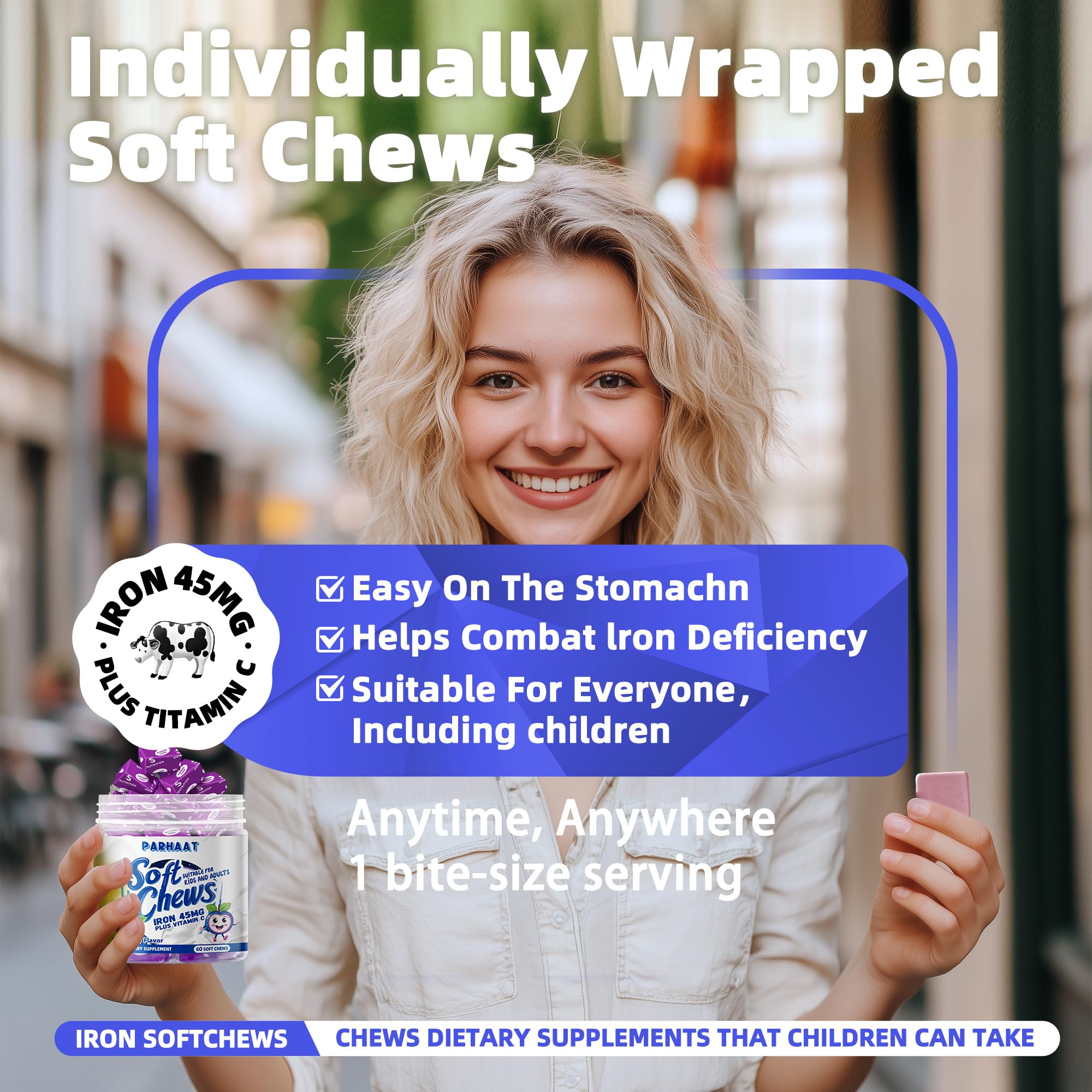 Parhaat Iron Soft Chews serving being taken; gluten free blueberry chew for daily use.