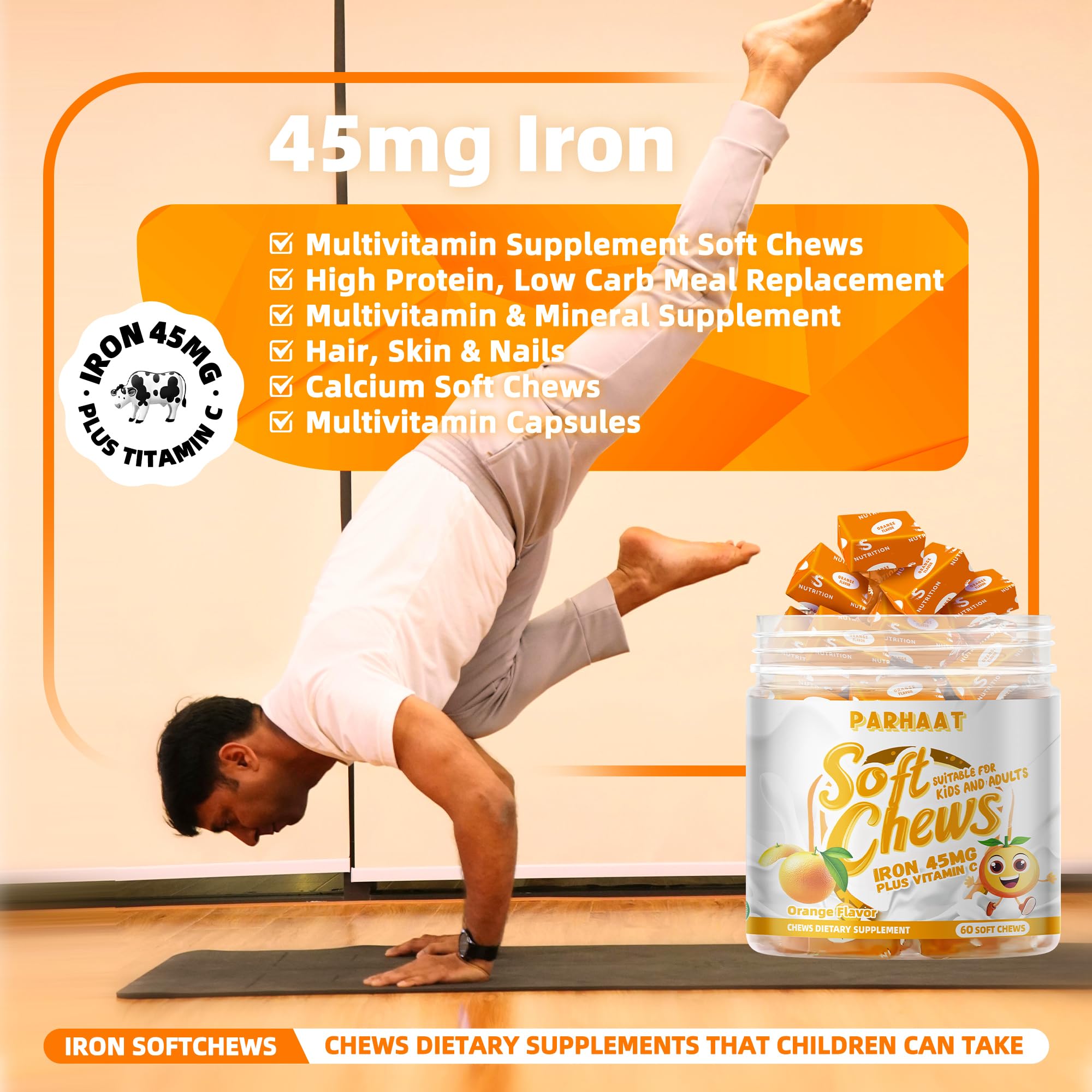 Parhaat Iron Soft Chew For Kids And Adults captures family-friendly daily intake.