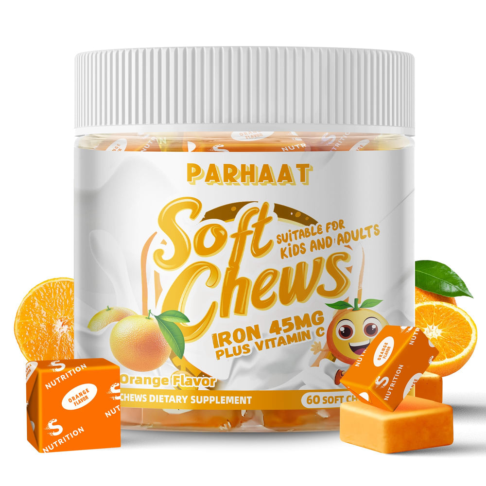 Parhaat Iron Soft Chew Orange Bottle shows convenient daily iron support in a gluten-free formula.