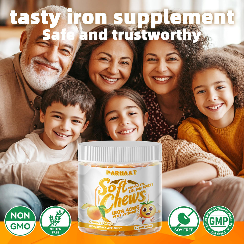Parhaat Iron Soft Chew Vitamin C boost emphasizes enhanced iron absorption support.