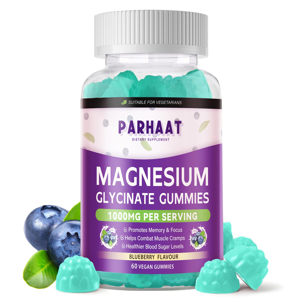 Parhaat Magnesium Glycinate Gummies blueberry bottle: sugar-free calm support in a tasty chew.