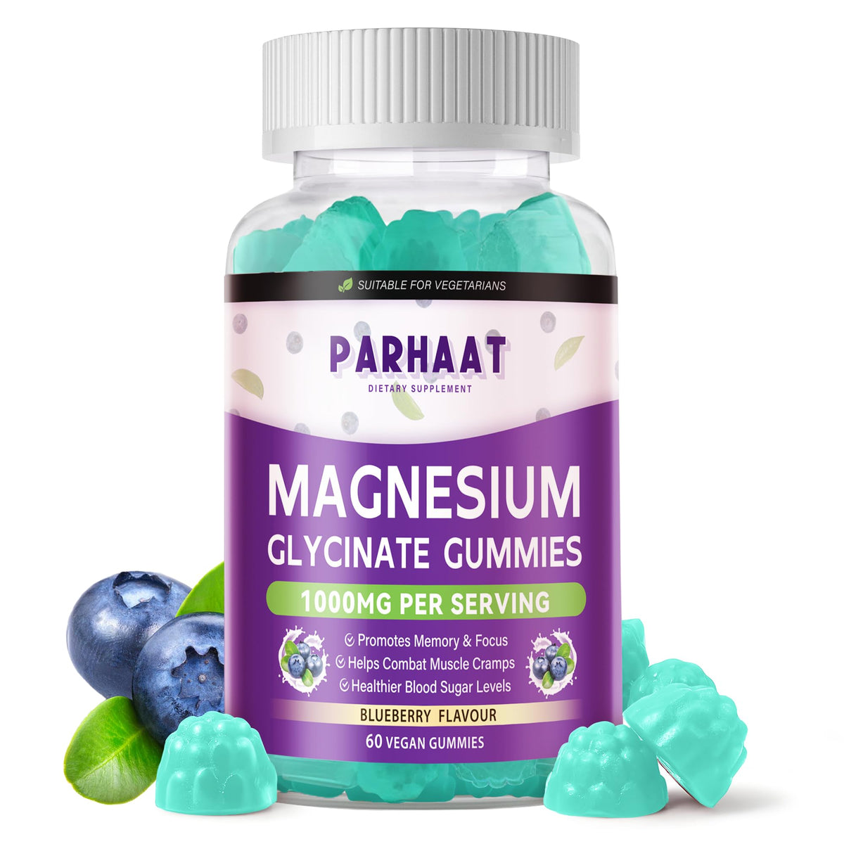Parhaat Magnesium Glycinate Gummies blueberry bottle: sugar-free calm support in a tasty chew.