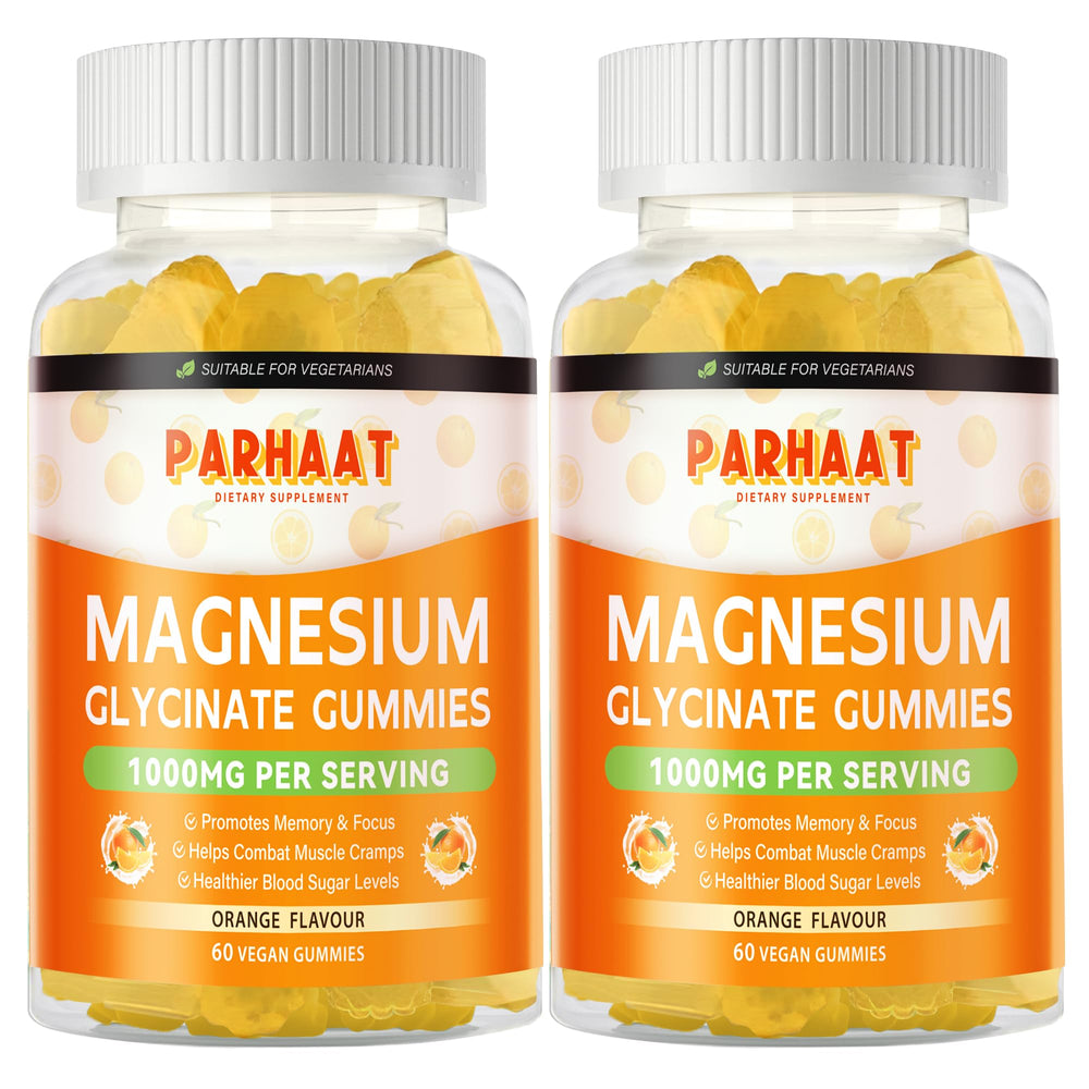 Parhaat Magnesium Glycinate Gummies orange bottle, potential mood support.