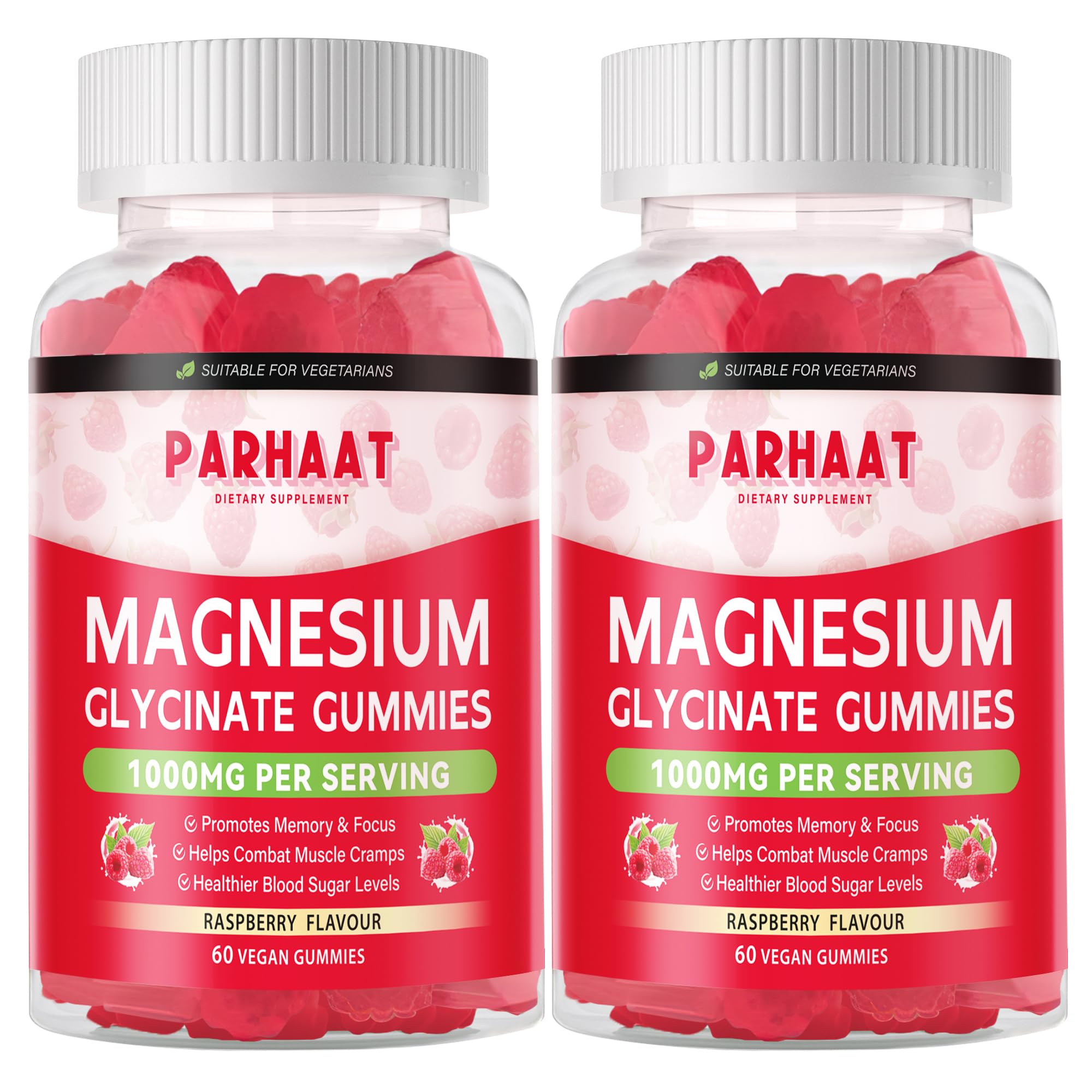 Parhaat Magnesium Glycinate Gummies Raspberry bottle shows sugar-free daily calm mood support.