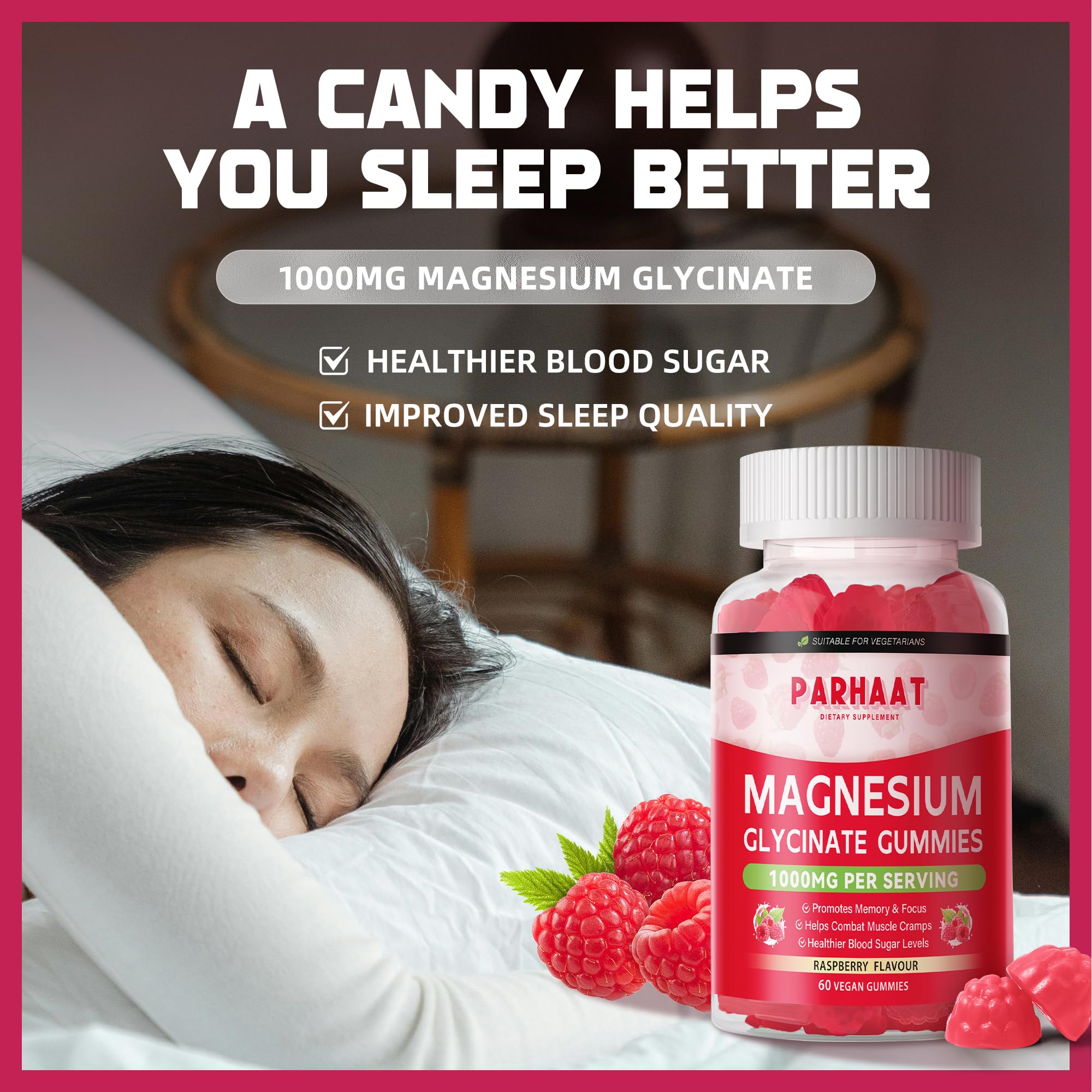 Parhaat Magnesium Glycinate Gummies Raspberry dosage illustration shows two gummies per serving.