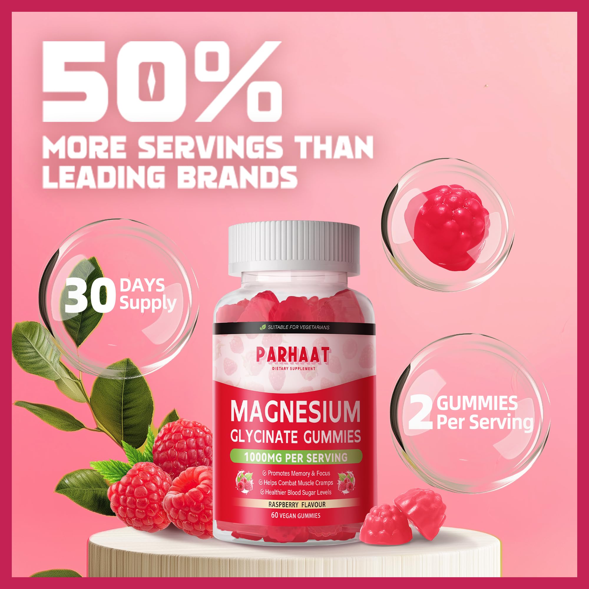 Parhaat Magnesium Glycinate Gummies Raspberry label emphasizes sugar-free, vegan-friendly formulation.