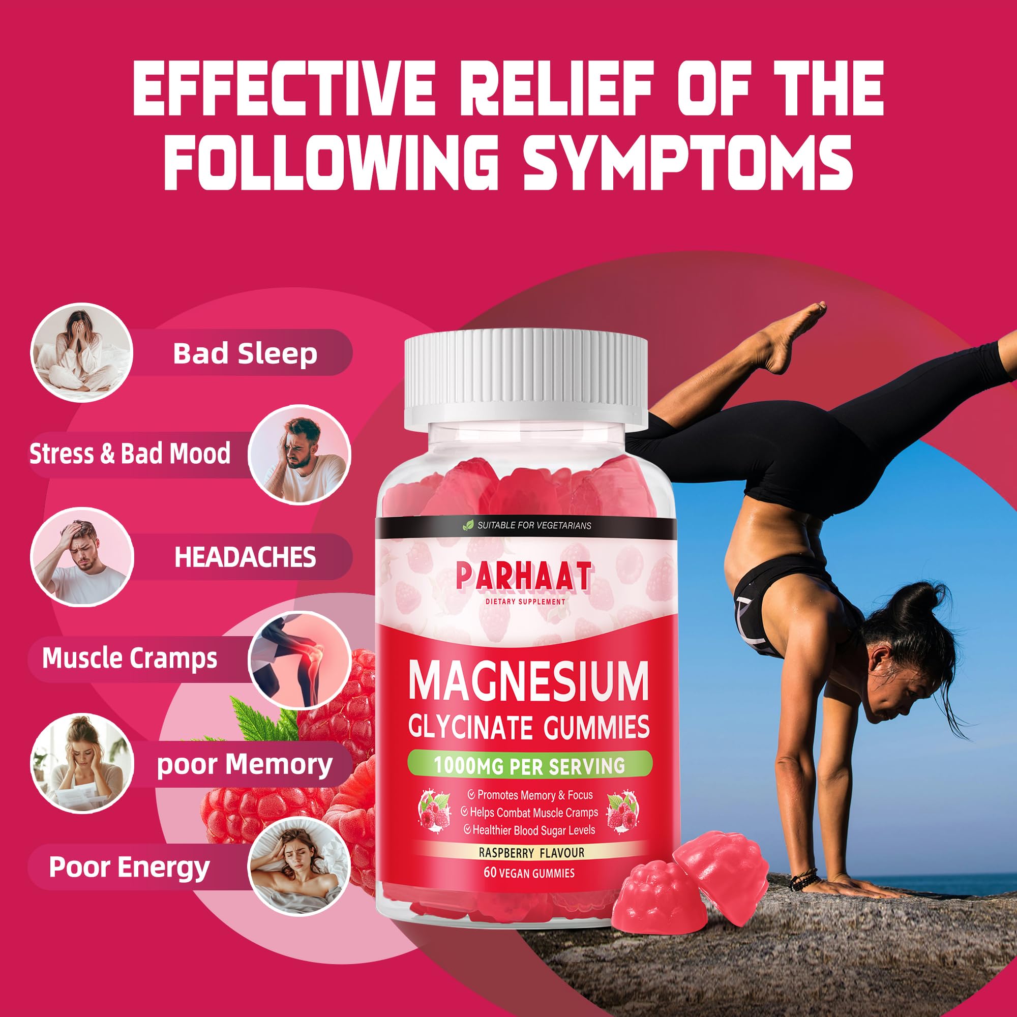 Parhaat Magnesium Glycinate Gummies Raspberry texture shot emphasizes chewable convenience.
