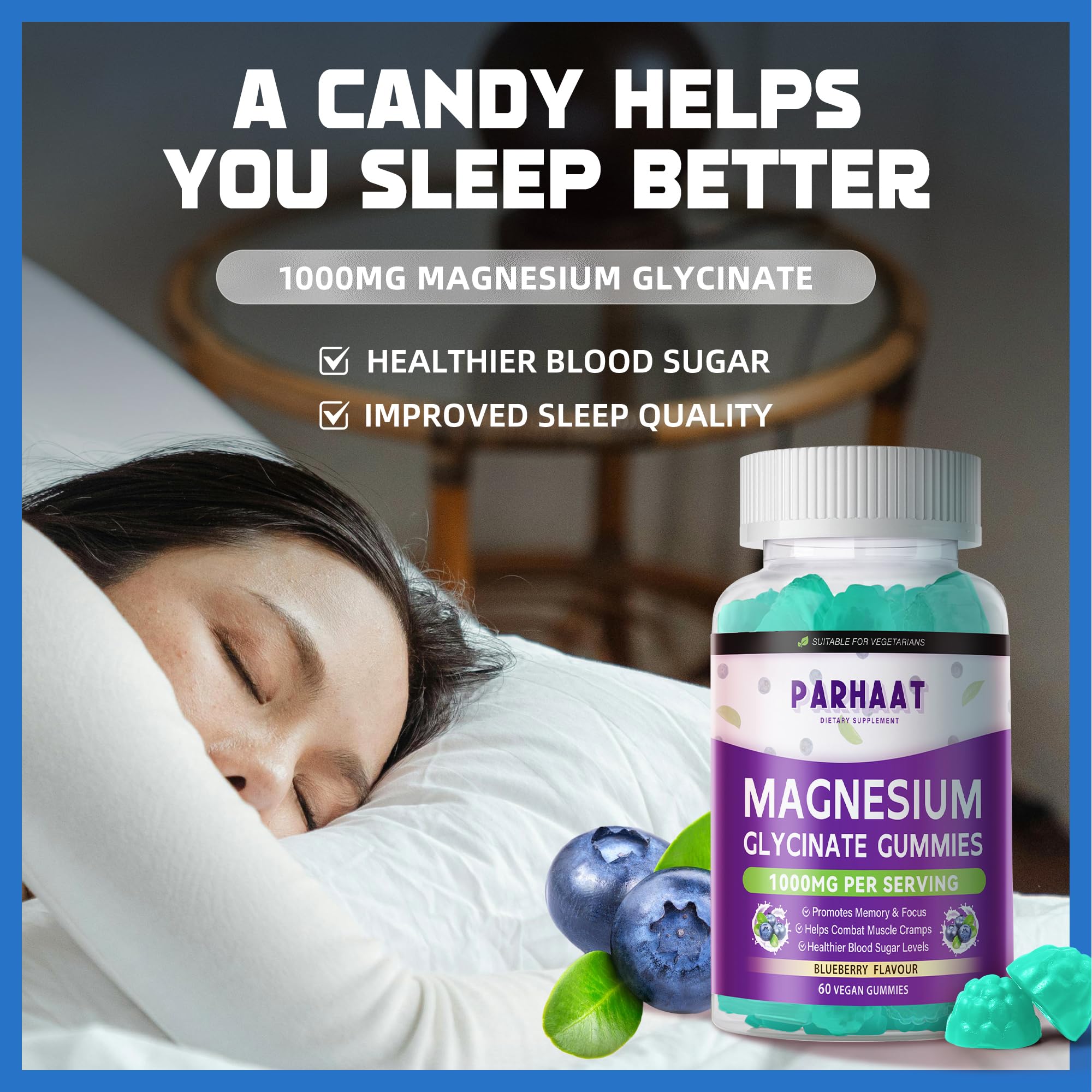 Parhaat Magnesium Glycinate Gummies sugar-free: blueberry flavor without added sugar.