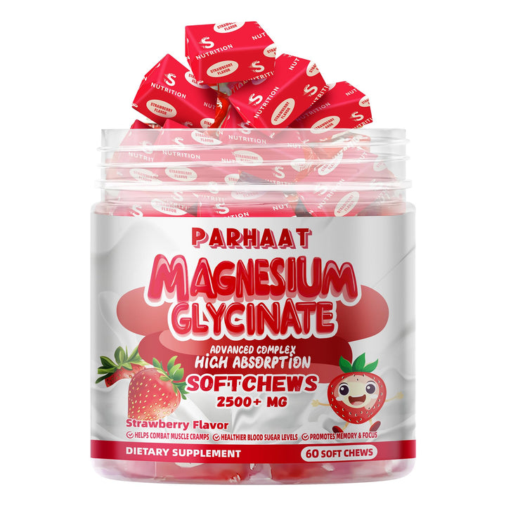 Parhaat magnesium glycinate soft chews strawberry 60-count bottle label