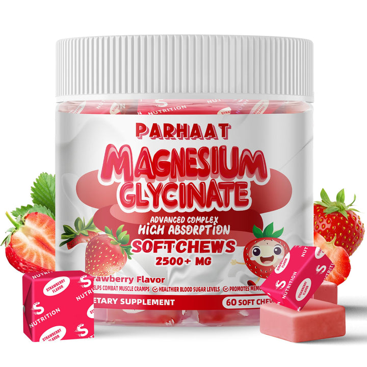 Parhaat magnesium glycinate soft chews strawberry bottle showing a sugar-free calming formula