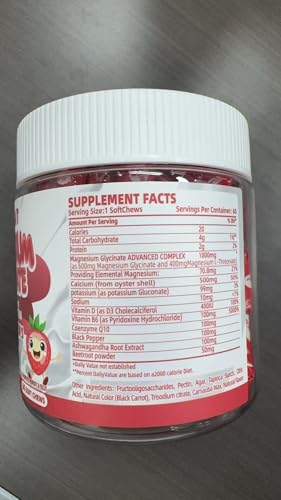 Parhaat magnesium glycinate soft chews strawberry ingredients panel with vitamins D and B6 and CoQ10